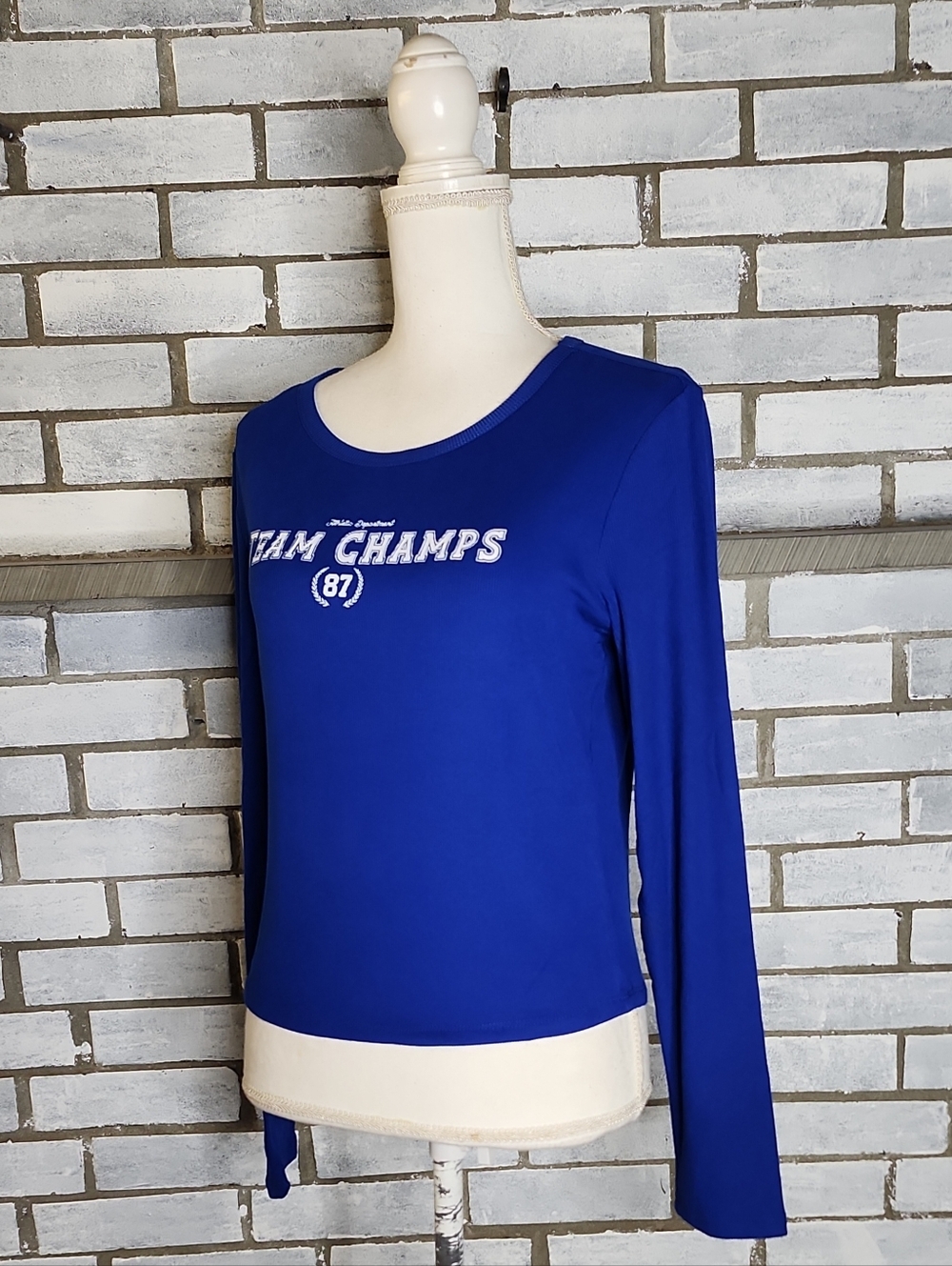 • NWT No Comment Women's Long Sleeve Graphic Print Cropped T-Shirt Large Blue